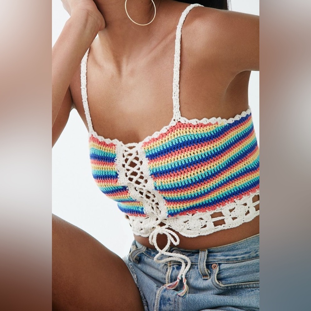 Forever 21 Crop Camisole w/ Rainbow Stripes & Laced Tie-Front Detail